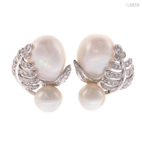 A Pair of Pearl & Diamond Leaf Ear Clips in 18K