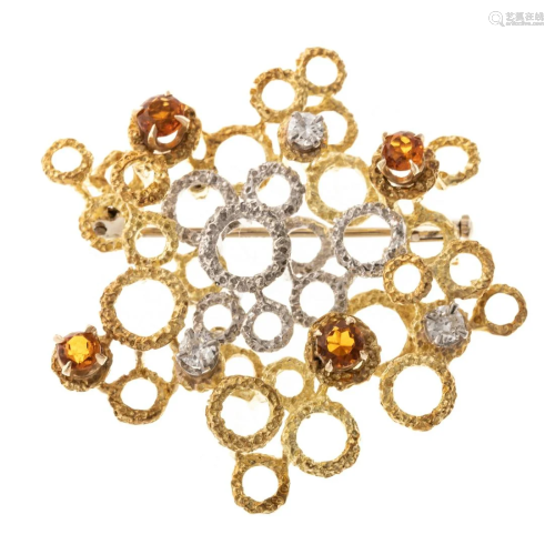 A 14K Modern Diamond & Spessartite Garnet Brooch