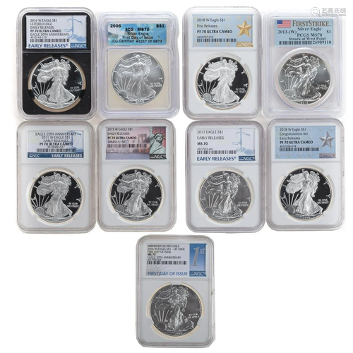 Nine High Grade Silver Eagles, NGC, PCGS, ICG