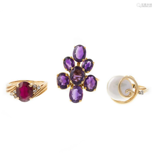 A Trio of 18K & 14K Amethyst, Ruby & Pearl Rings