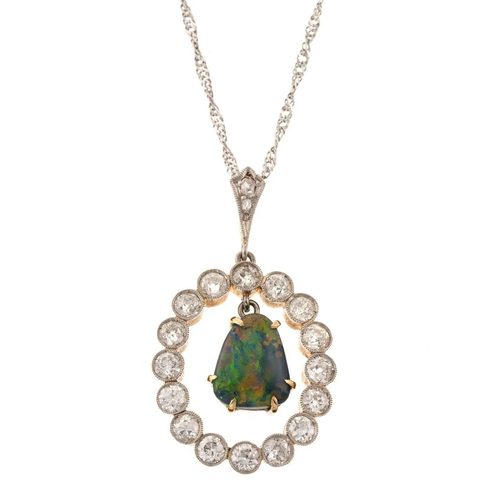 An Antique Diamond & Black Opal Necklace in 14K