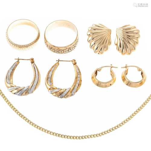 A Collection of Earrings & Bands & A Chain in 14K