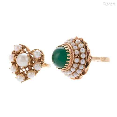 A Pair of Vintage Chrysoprase & Pearl Rings in 14K