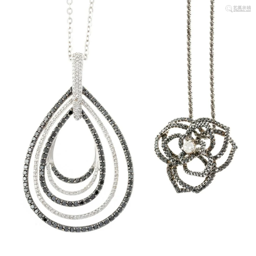 A Pair of Black & White Diamond Pendants in 18K