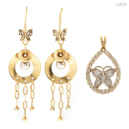 A Butterfly Pendant & Dangle Earrings in Gold