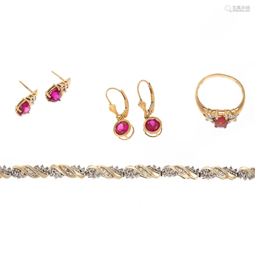 A Diamond Line Bracelet, Ring & Earrings in Gold