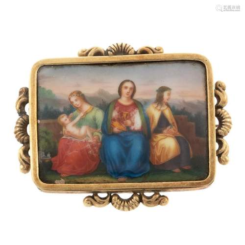 An Antique Painted Porcelain Pin/Pendant in 14K