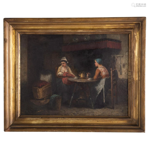 Sipke Kool. Peasant Women in an Interior, oil