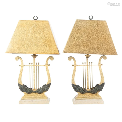 Pair Maitland Smith Lyre Base Lamps