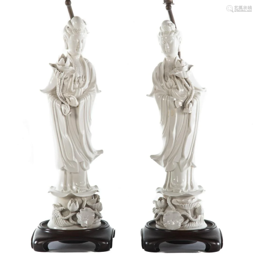 Pair Chinese Blanc-de-Chine Quan Yin Lamps