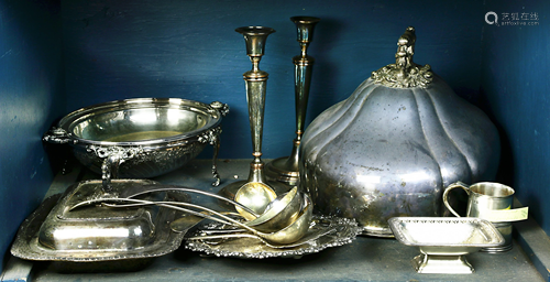 One shelf of associated silverplate