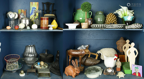 Four shelves of associated decorative art