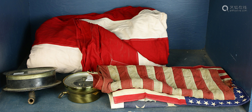 One shelf of Vintage flags including a California