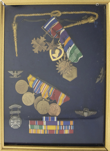 Collection of badges including National Defense