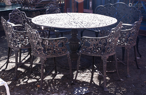 Cast Metal Seven piece patio dining set, with bench