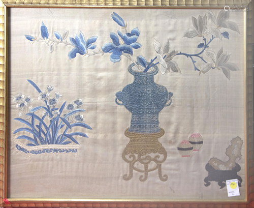 Matched pair Chinese silk embroidery pictorial panels