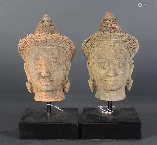 (lot of 2) Angkor Wat style sandstone heads of Vishnu