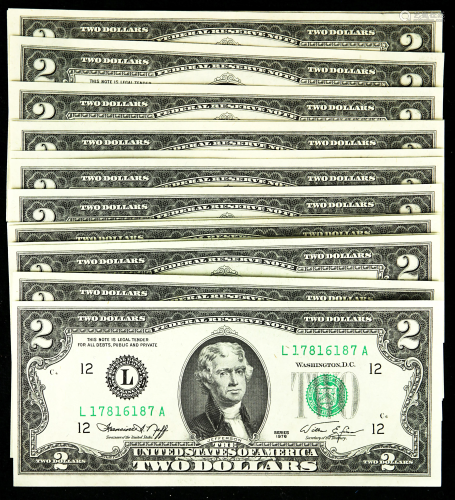 (lot of 15) $2 Federal Reserve 1976 notes