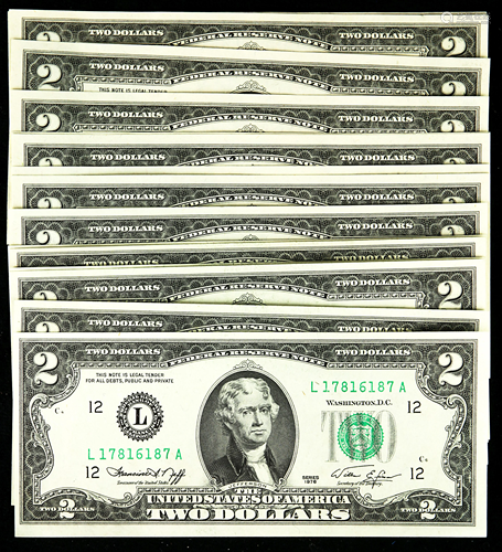 (lot of 15) $2 Federal Reserve 1976 notes