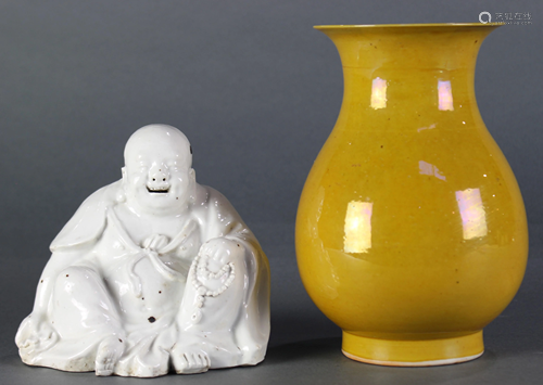 A Dehua Porcelain Figure of Budai and A Yellow-Glazed