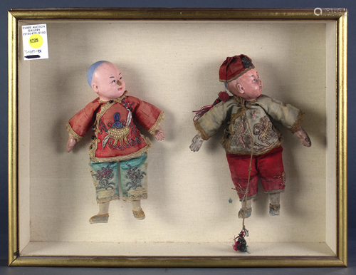 Shadow box frame with two Chinese boy dolls