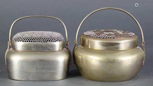 (lot of 2) Chinese white or gold metal handwarmers