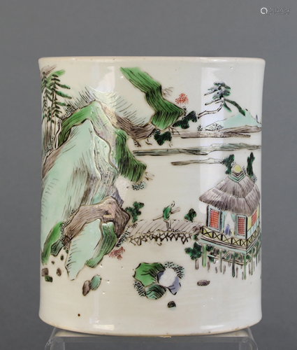 A Wucai 'Landscape' Brush Pot, with Mushiju Mark