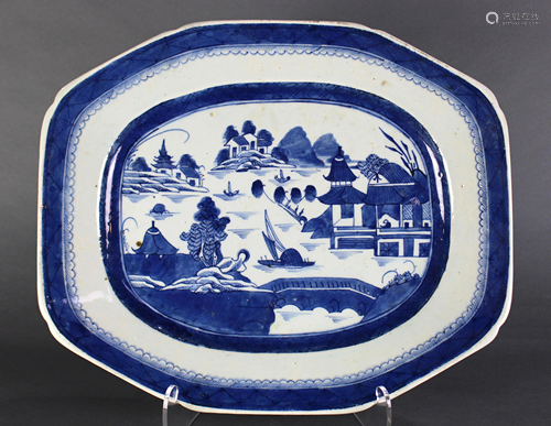 Chinese Canton blue and white landscape platter