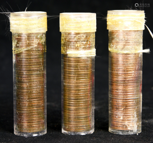Three rolls of BU red color Lincoln cents