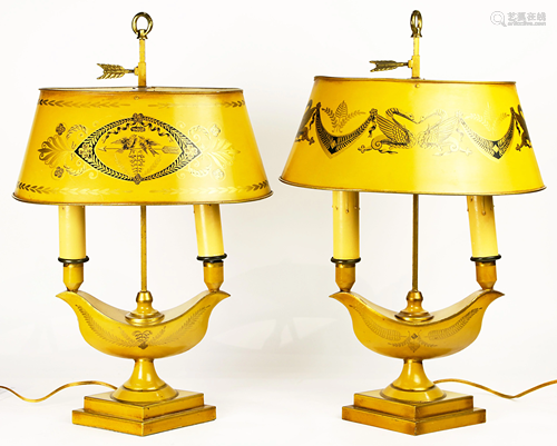 A Pair of French tole decorated bouilotte lamps