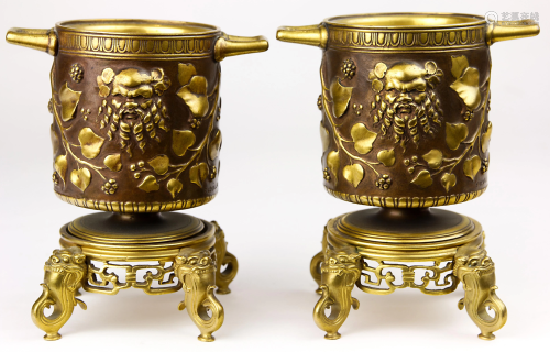 A pair of Grand Tour style gilt and patinated urns on