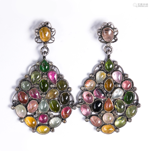 A pair of tourmaline, diamond, blackened silver and