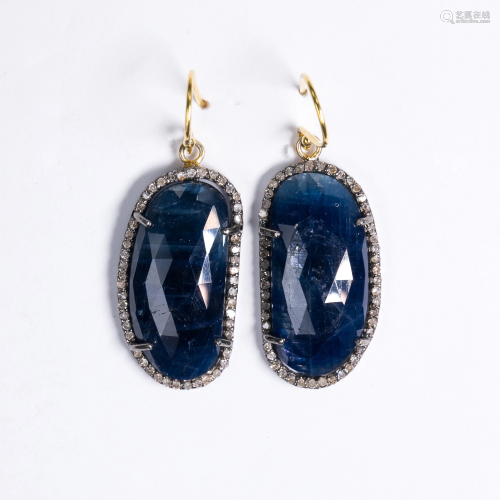 A pair of sapphire, diamond, blackened silver and