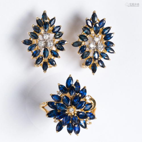A sapphire, diamond and fourteen karat gold earclip and