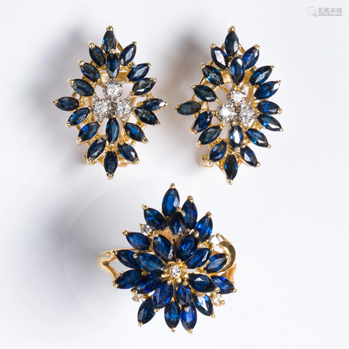 A sapphire, diamond and fourteen karat gold earclip and