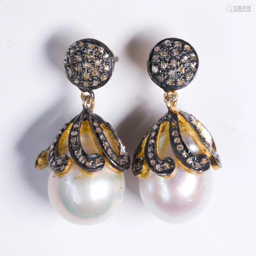 A pair of cultured pearl, diamond and silver gilt