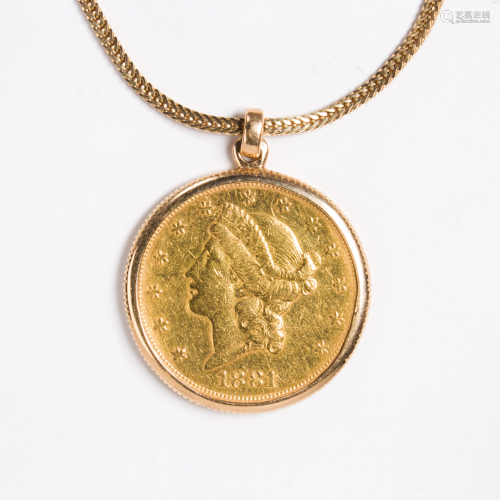 A gold coin and fourteen karat gold pendant necklace