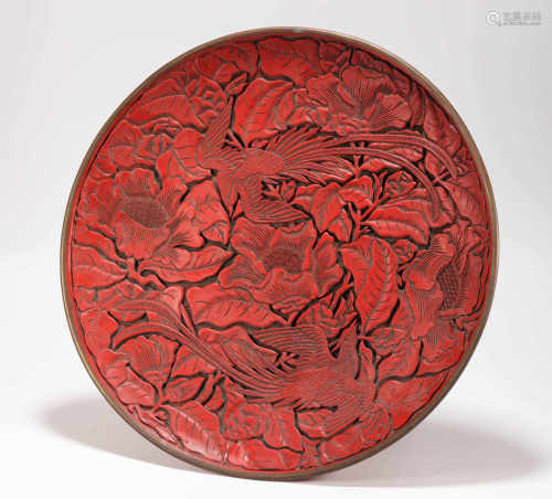 Copper Carved Lacquerware Floral Plate from Qing清代銅胎剔紅花卉盤