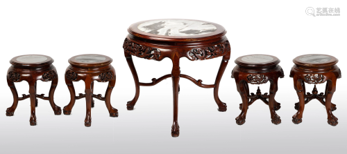 A Chinese marble inlaid rosewood circular table