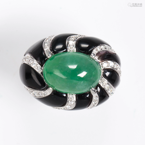 A jadeite jade, onyx, diamond and eighteen karat white