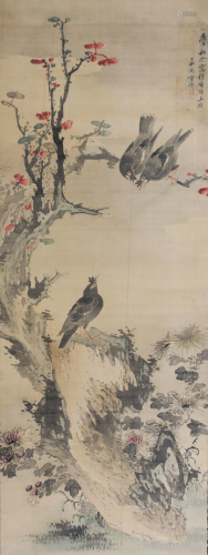 A Chinese Scroll, Fang Ji, Chrysanthemum and Magpie