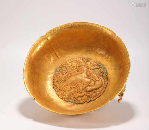 Copper and Gilding Bird Basin from Liao遼代銅鎏金雞鳥盆