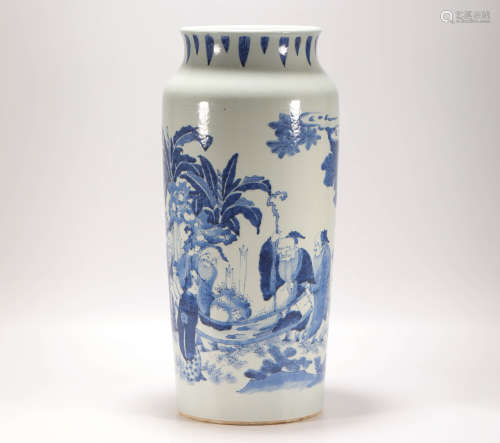 Blue and White Porcelain Elephant Leg Vase from Qing清代青花人物象腿瓶