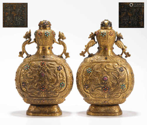 A Pair of Copper and aGolden Vase in Dragon Grain from Qing清代銅鎏金龍紋寶瓶一對