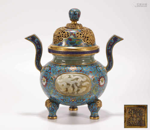 Copper Cloisonne inlaying with HeTian Jade Censer from Qing清代銅胎景泰藍鑲嵌和田玉熏爐