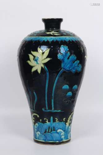 A Chinese Porcelain Black Glazed Colored Meiping Vase