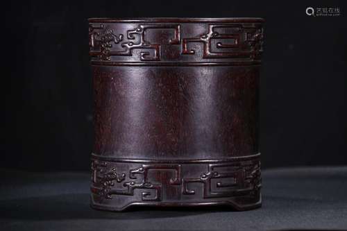 A Chinese Rosewood Beast Pattern Brush Pot