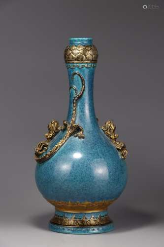 A Chinese Porcelain Jun Kiln Dragon Pattern Garlic Vase With Gold Painting