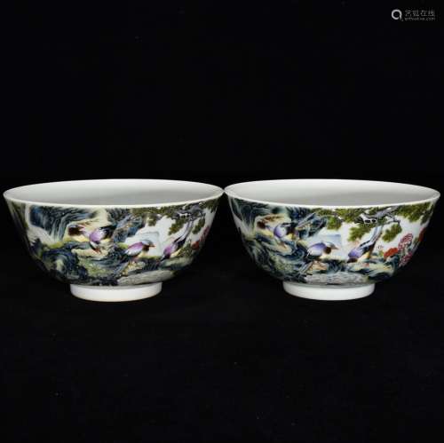 Pair Of Chinese Porcelain Enameled Floral&Bird Bowls