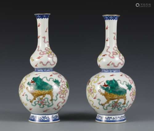 Pair Of Chinese Porcelain Enameled Beast Vases